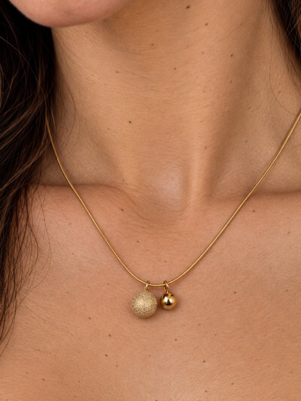 Gold Frosted Sphere Pendant Necklace Snake Chain Stainless Steel Sleek 16-18"